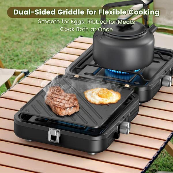 2-Burner Foldable Camping Stove with Dual-Function Griddle