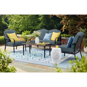 Laurel Oaks 4-Piece Black Steel Outdoor Patio Conversation Seating Set with Sunbrella Denim Blue Cushions
