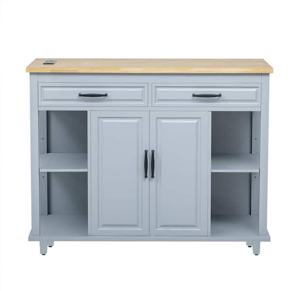 Gray Blue Wood 47.2 in. Kitchen Island with Extendable Dining Table, Power Outlet and Storage Rack