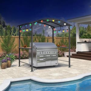 7.5 ft. x 5 ft. Hardtop Grill Gazebo for Patio Aluminum Barbecue Shelter Gazebo w/ Hooks,Shelves Double Tiered 12-Lights