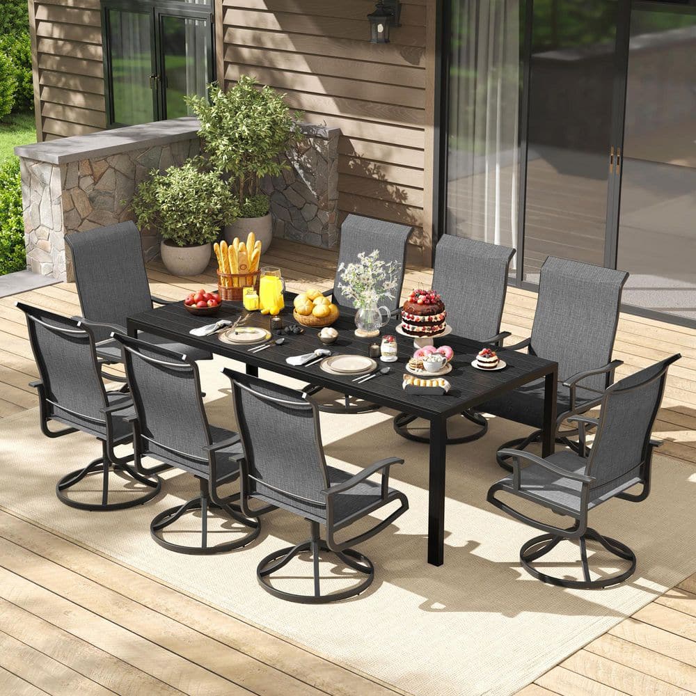 9-Piece Metal Outdoor Dining Set with 8 Swivel Patio Chairs and Rectangular Table, Patio Dining Table Set for 8