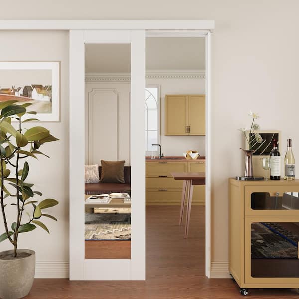 ARK DESIGN 24 in. x 80 in. Hidden Track Style 1-Lite Mirrored Glass White Primed MDF Sliding Barn Door with Hardware Kit