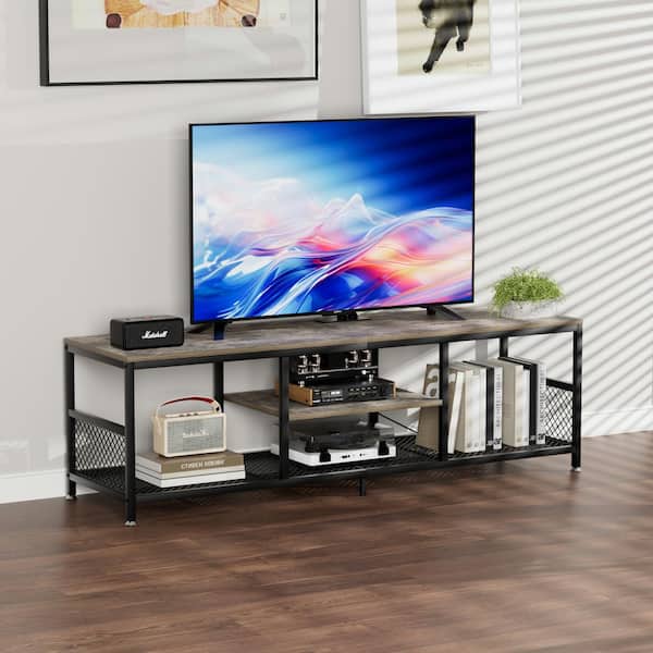 VECELO TV Stand with Power Outlets for Televisions up to 80", 70" Media Entertainment Center with 3-Tier Open Shelves Gray