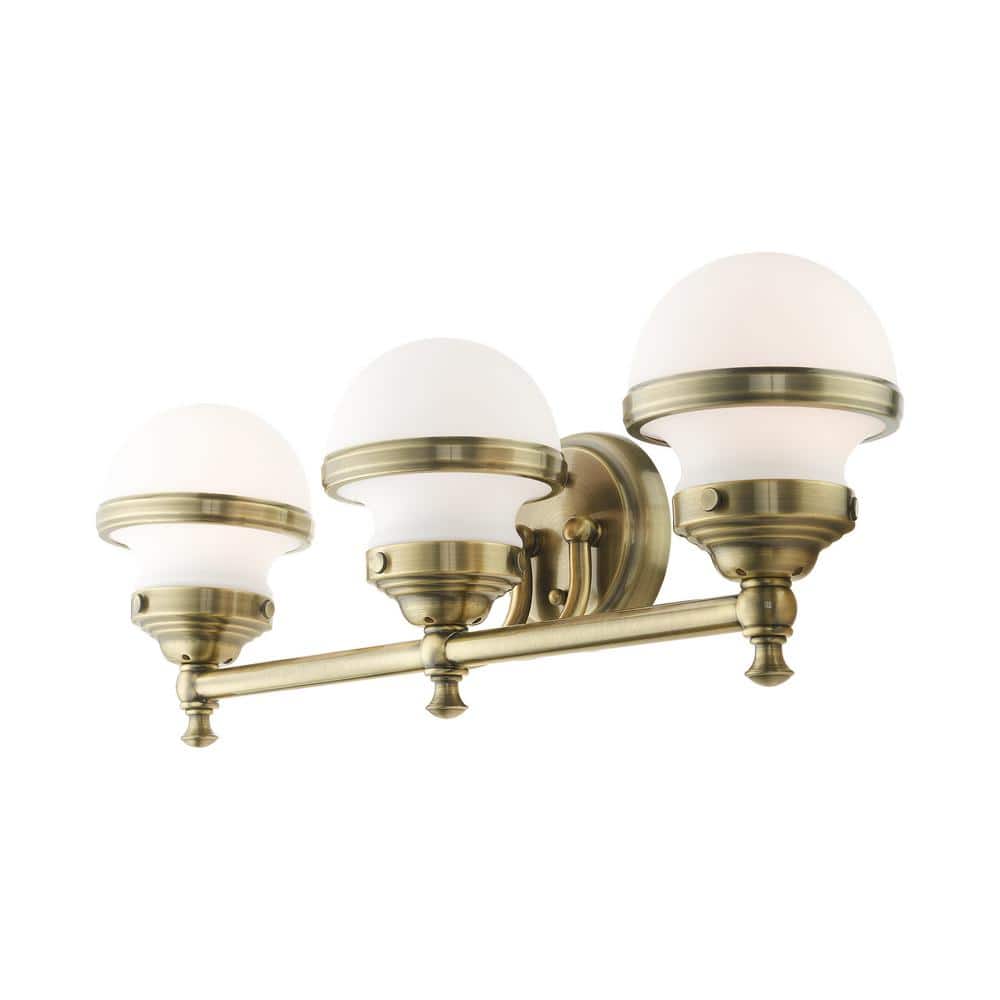 Antique Brass 3-Light Vanity with Hand Blown Satin Opal White Glass