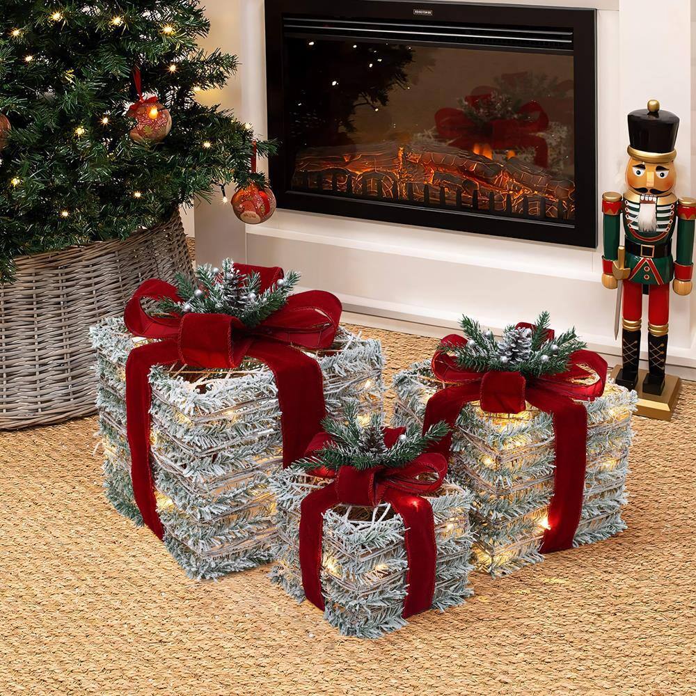 Frosted Faux Cedar Branch Giftbox Set with Lights