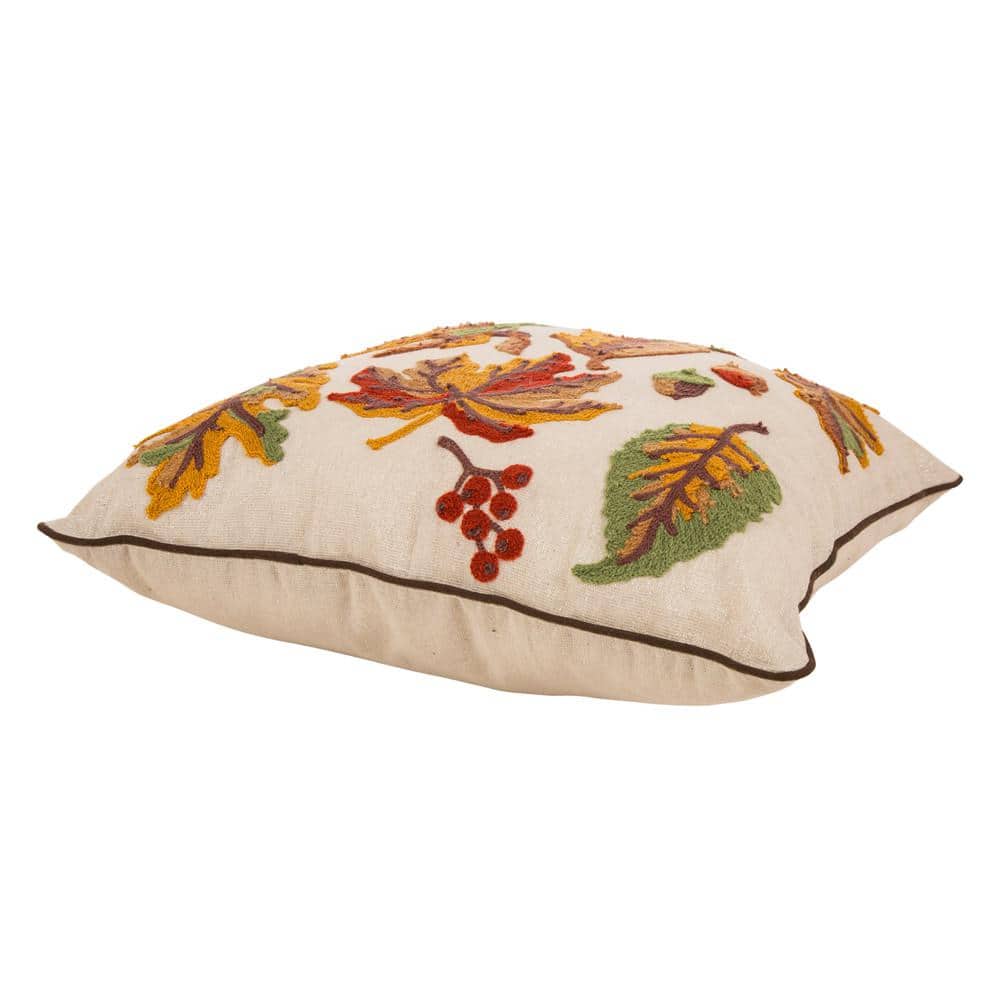 Beige and Brown Embroidered Linen Square Thanksgiving Throw Pillow Set