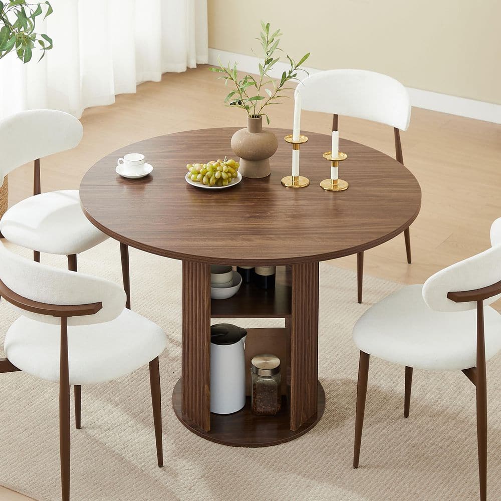 Set of 3 Walnut Finish 31.5 in. W Round Dining Table Set with 2 Chairs and Double Storage Shelf