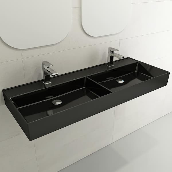 BOCCHI Milano Wall-Mounted Black Fireclay Rectangular Double Bowl for Two 1-Hole Faucets Vessel Sink with Overflows