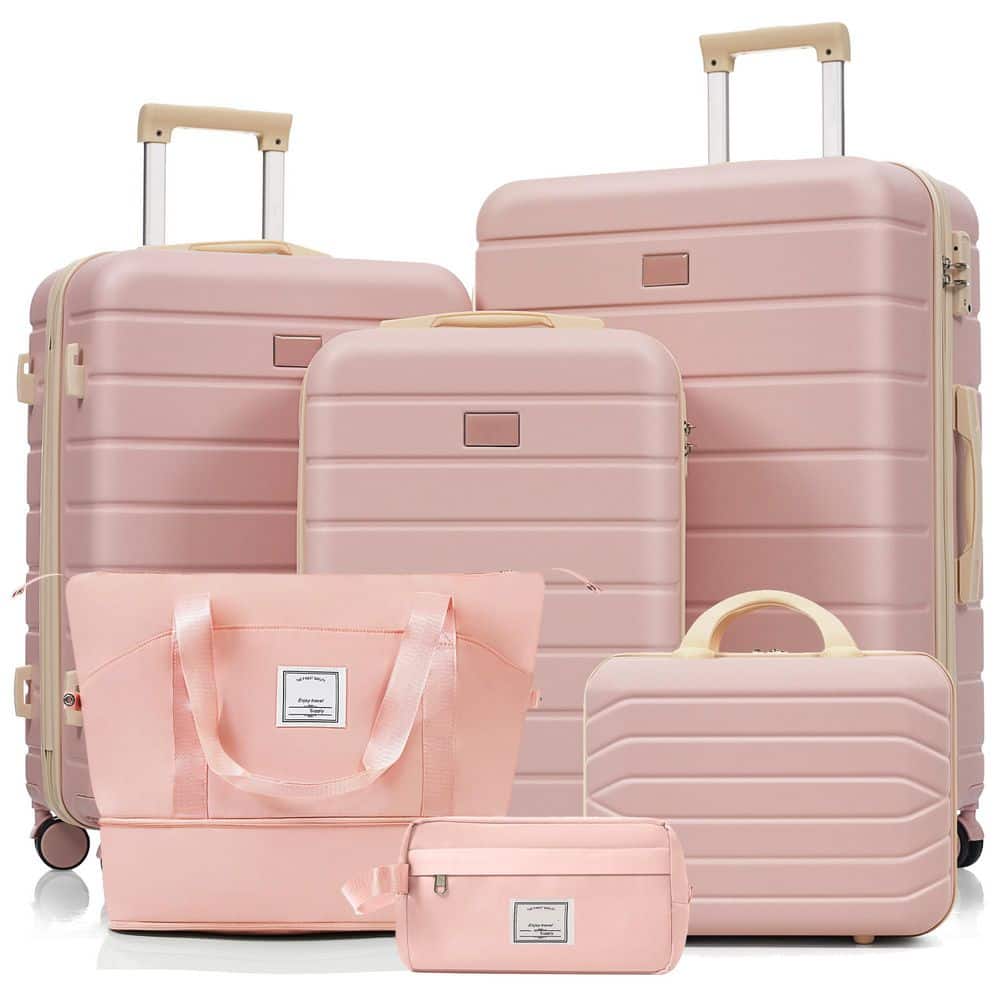 6 Piece Pink ABS Plastic Hardshell 14 20 24 28 Luggage Set with 14 in. Cosmetic Case, Travel Duffel Bag, Toiletry Bag
