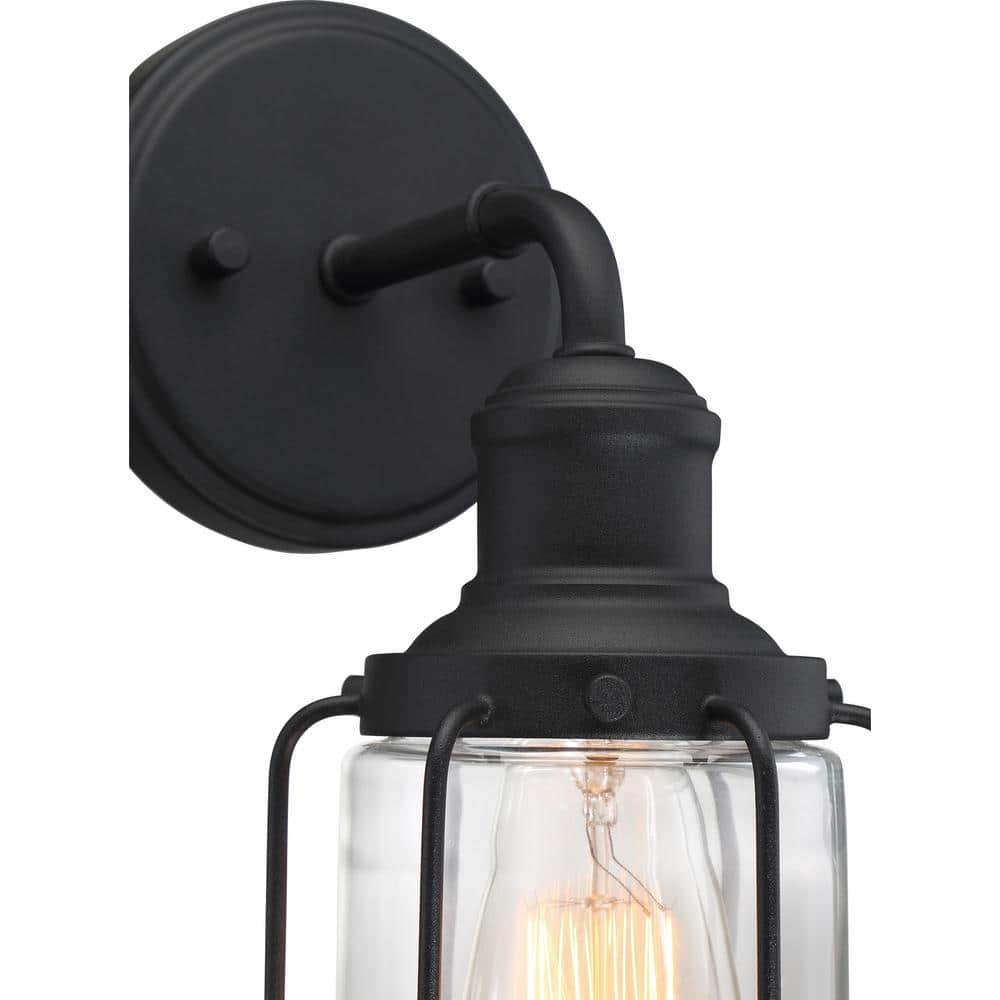 Dimmable Black Steel Cylinder Wall Sconce with Clear Glass Shade
