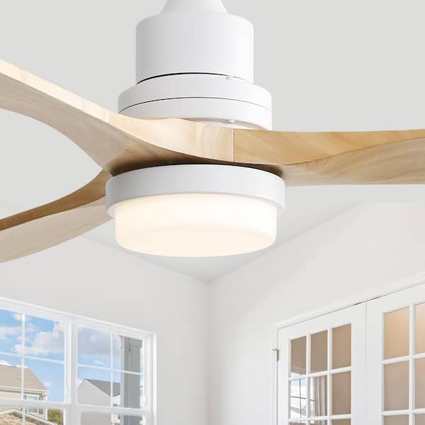 52 in. Indoor/Outdoor Matte White Downrod Mount Ceiling Fan with Light Kit, Wood Beige Blades Downrod Remote Included