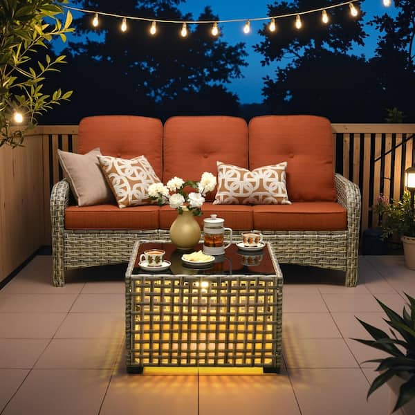 Canopy Reed Wicker Outdoor Couch Patio Sofa with Orange Red Cushions and Coffee Table