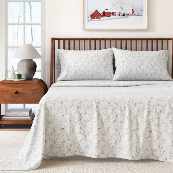 Turkish Cotton Winter Floral Printed Flannel Sheet Set, Queen, Winter Vines Green