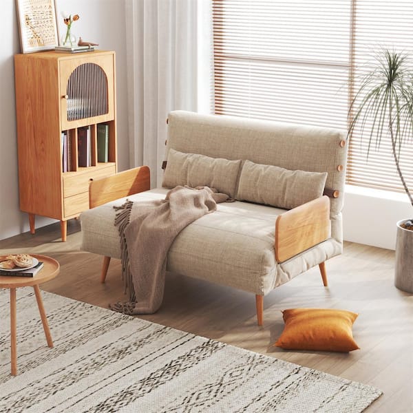JASIWAY 43 in. Beige Linen Twin Size 2-Seat Sofa Bed with Wood