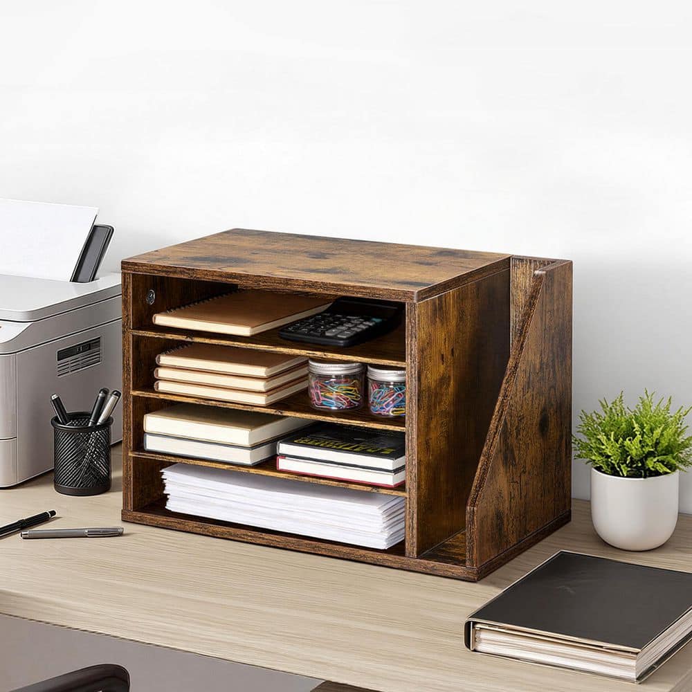 Brown Wooden Literature Organizer with 4 Compartments, Detachable Shelves, and Side Vertical Storage 2025 update price history on PriceWatchPro