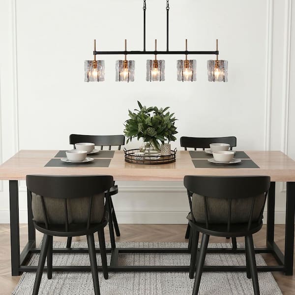 Kristie Modern 5-Light Black and Plated Brass Linear Chandelier with Grey Geometric Ice Glass Shades