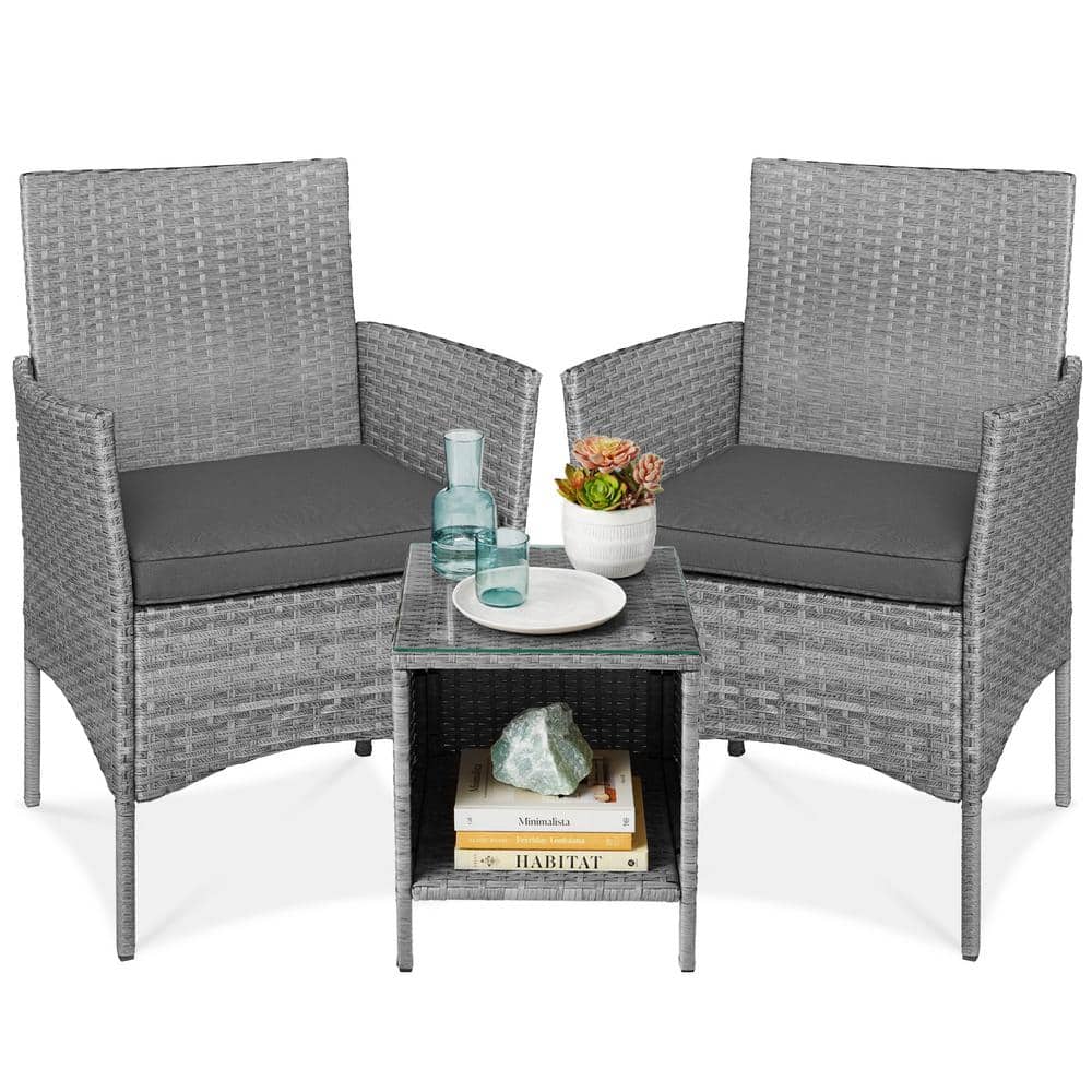 Gray Wicker 3-Piece Outdoor Bistro Set with Cushions and Glass Tabletop