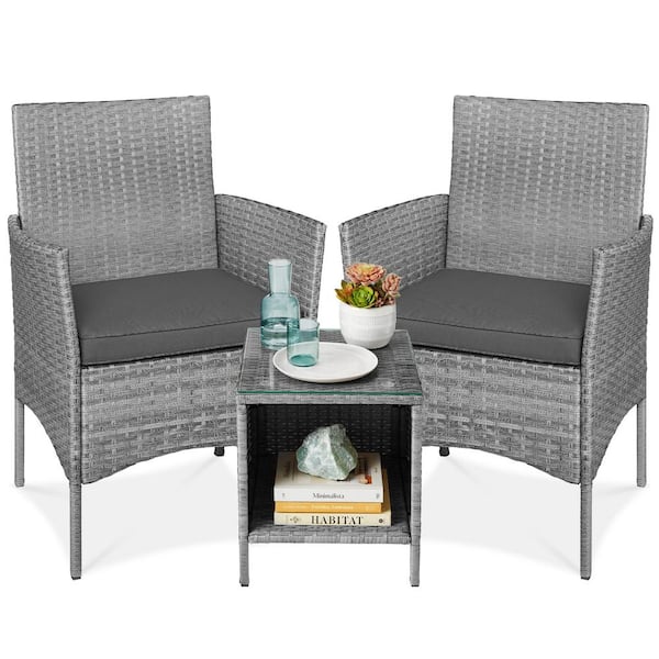 Best Choice Products 3-Piece Outdoor Wicker Conversation Patio Bistro Set, w/ 2-Chairs, Table, Cushions - Gray/Gray