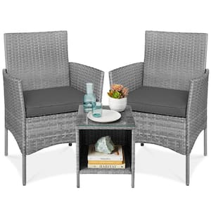 3-Piece Outdoor Wicker Conversation Patio Bistro Set, w/ 2-Chairs, Table, Cushions - Gray/Gray
