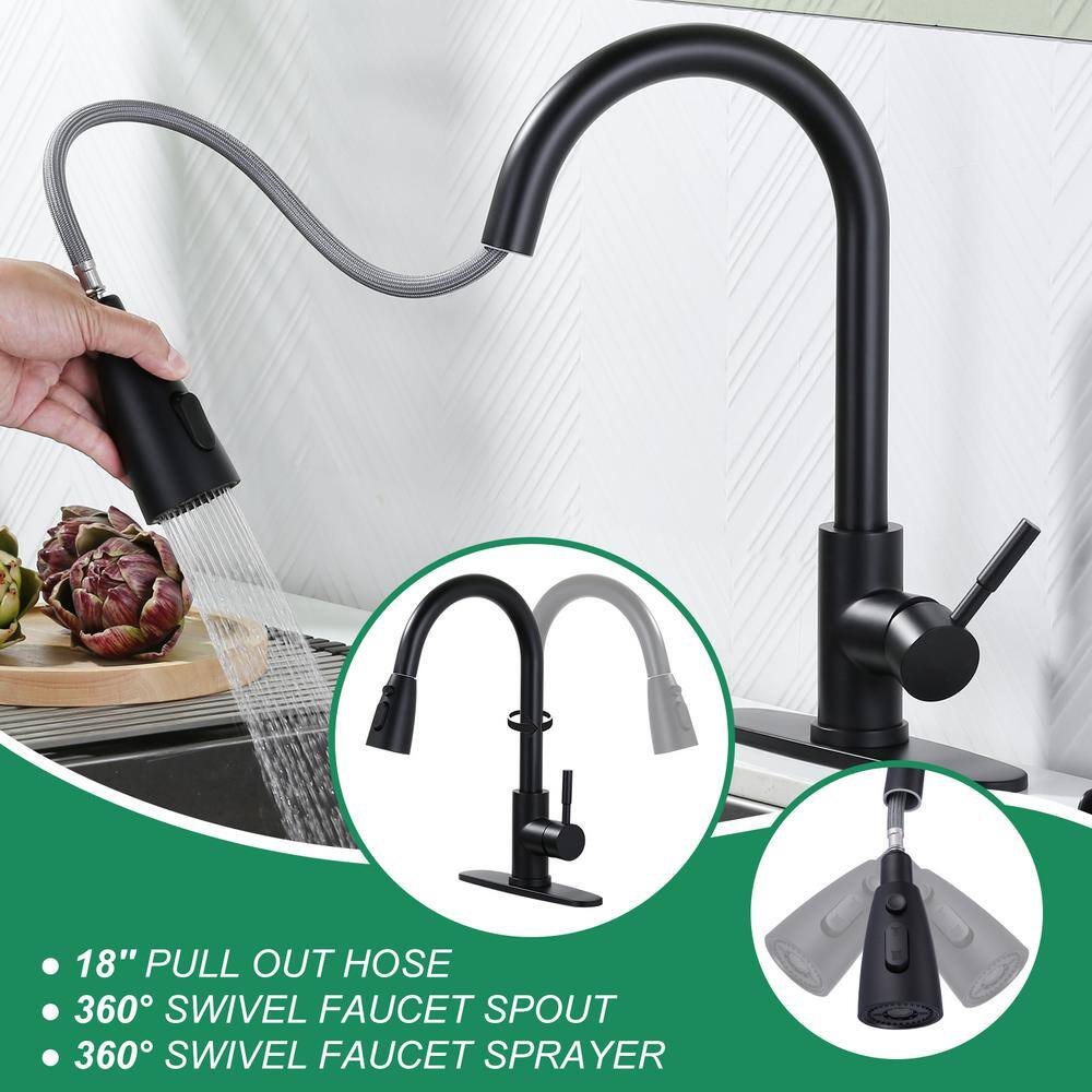 Matte Black Single Handle Pull-Down Kitchen Faucet with Deckplate