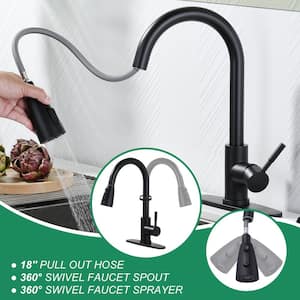 Single Handle Pull Down Sprayer Kitchen Faucet with Deckplate and Glass Rinser in Matte Black