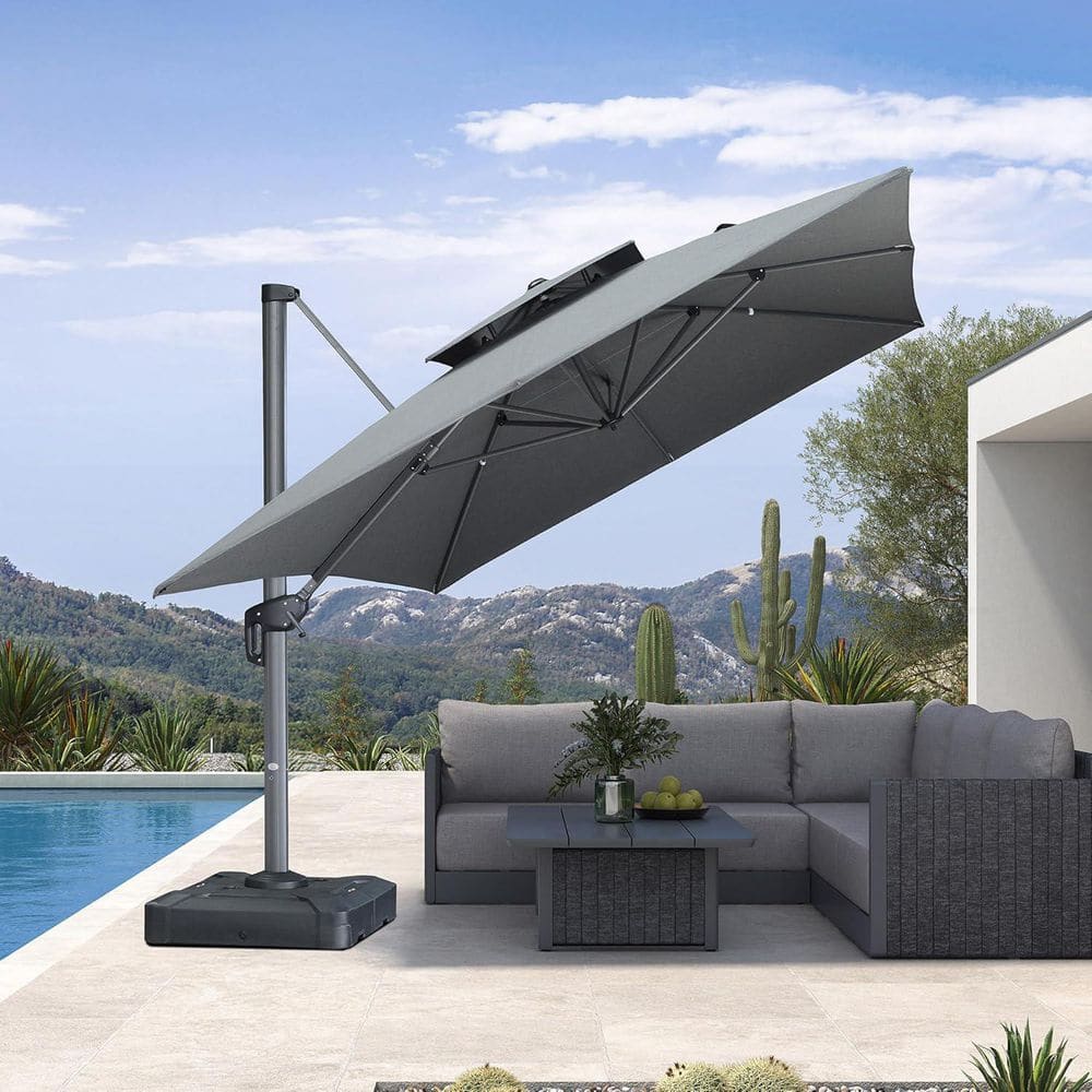 gray sunbrella patio umbrella 9'ft Push Button Tilt Sunbrella Double Wind Vents Premium cantilever patio umbrella with Sunbrella fabric Sunbrella Cantilever Umbrella 360 Tilt