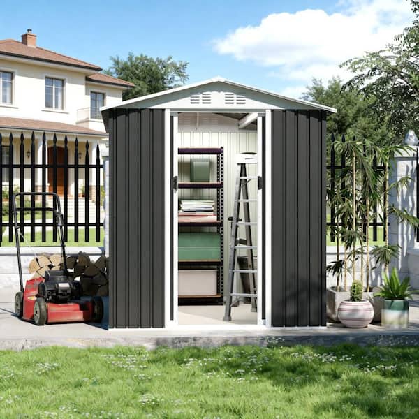 6 ft. W x 9 ft. D Apex Water Roof Grey Metal Steel Shed with Iron