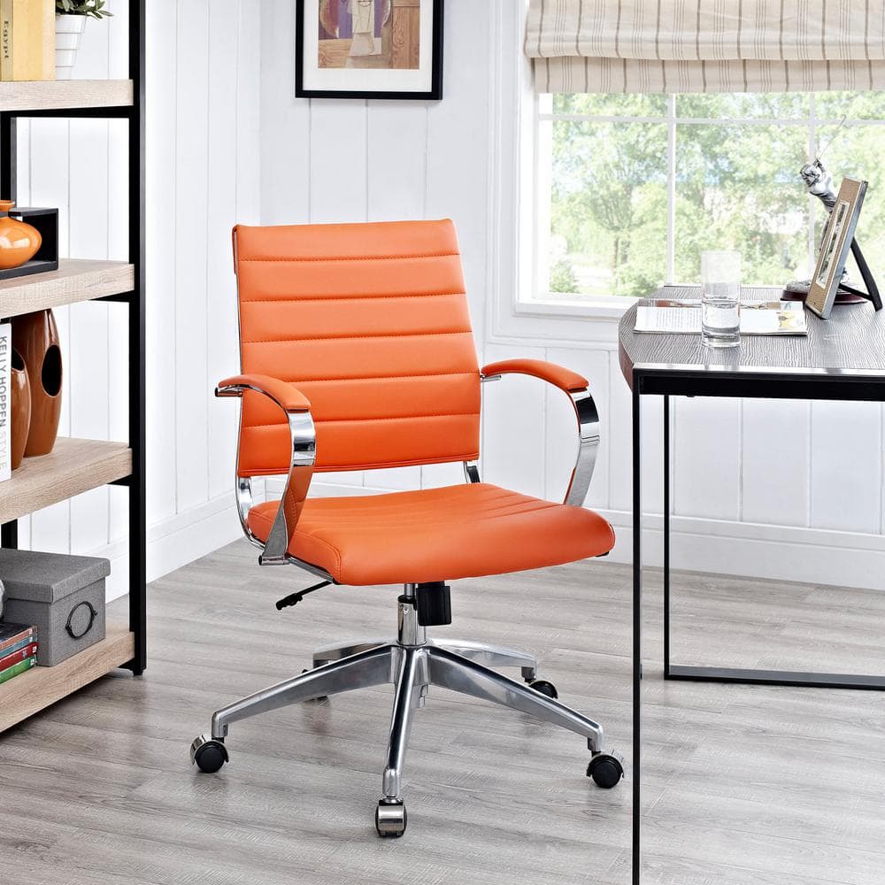 Orange Mesh and Leather Swivel Task Chair with Metal Frame