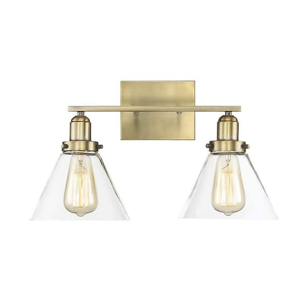 Savoy House Drake 17.75 in. W x 10 in. H 2-Light Warm Brass Bathroom Vanity Light with Clear Glass Shades