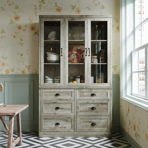 78.7 in. Tall Rustic Oak Wood 6-Shelf Farmhouse Bookcase w/ Adjustable Shelves and Glass Doors, Kitchen Storage Cabinet