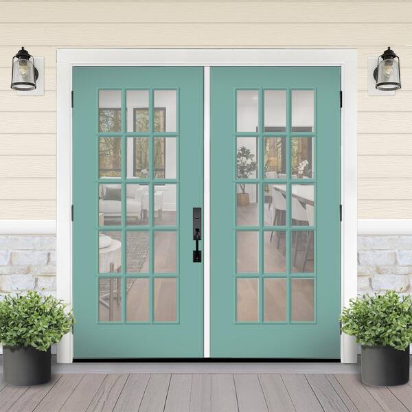 Reliant 64 in. x 80 in. Full Lite 15L-SDL Clear Glass RHOS Quarry Finish Fiberglass Double Prehung Front Door 6 in. Jamb