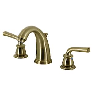 Restoration 2-Handle 8 in. Widespread Bathroom Faucets with Plastic Pop-Up in Antique Brass