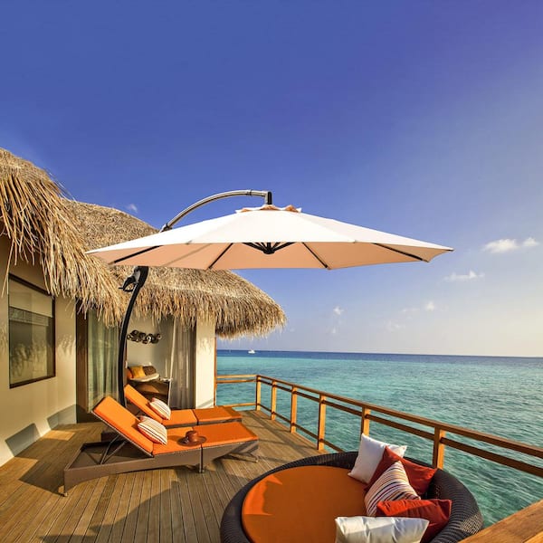 11 ft. Offset Cantilever Hanging Umbrella Without Weighted Base for Garden, Deck, Backyard and Pool-Champagne