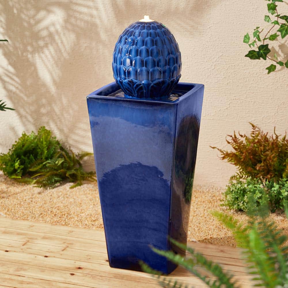 Tall Cobalt Blue Ceramic Artichoke Pedestal Fountain with LED Light
