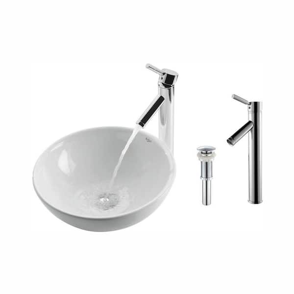 KRAUS Soft Round Ceramic Vessel Sink in White with Sheven Faucet in Chrome