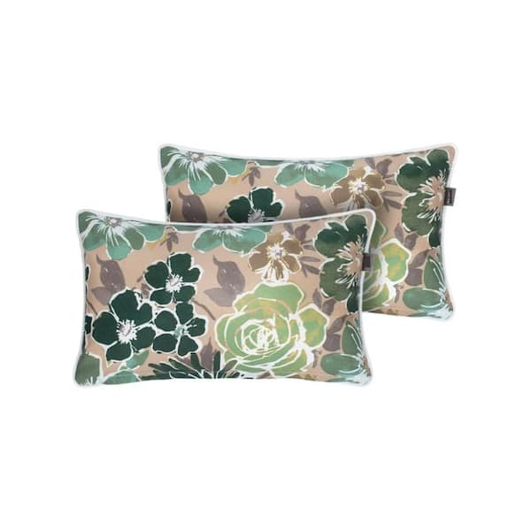 Green Floral Rectangular Outdoor Bolster Pillow with Insert 2-Pack