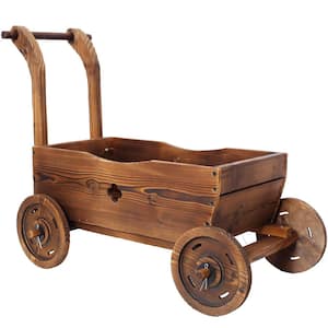 Brown Wood Wagon Planter Box, Mobile Garden Planter with 4 Wheels, Handle, Drain Hole, Wooden Flower Cart