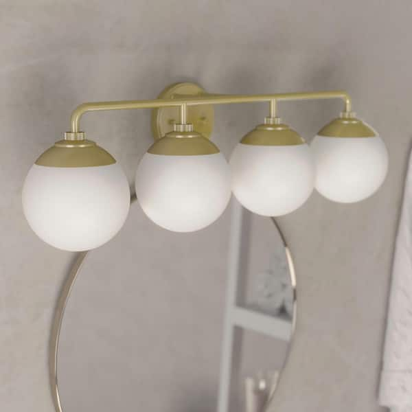 Hunter Hepburn 30 in. 4 Light Modern Gold Brass Vanity Light with Frosted Glass Bathroom Light