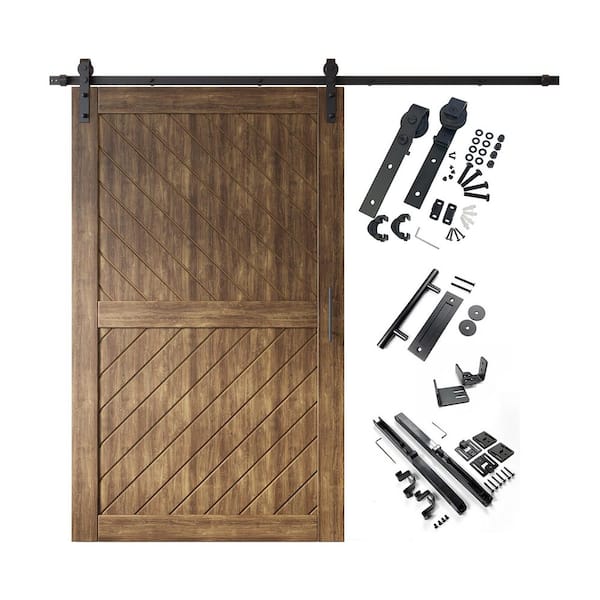 XT4 48 in. x 80 in. C-Panel Dark Walnut Slanted Stripe Design Solid Pine Wood Sliding Barn Door with Hardware Kit