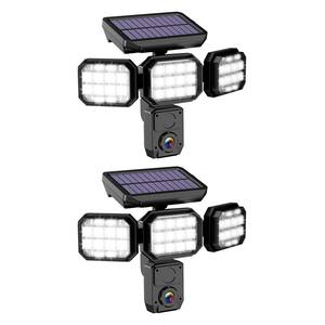 2PCS 24-Watt 120-Degree Black Motion Activated Integrated LED Outdoor Flood Light Solar 3 Panel Alarm Courtyard lamp