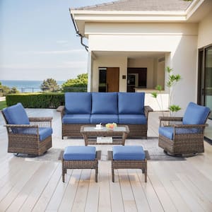 StLouis Brown 6-Piece Wicker Patio Conversation Set with Blue Cushions