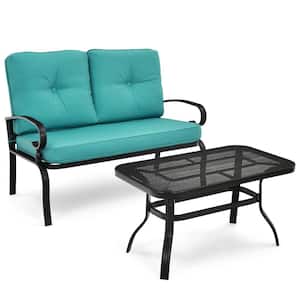 2-Piece Metal Patio Conversation Set Outdoor Loveseat with Coffee Table and Turquoise Cushions