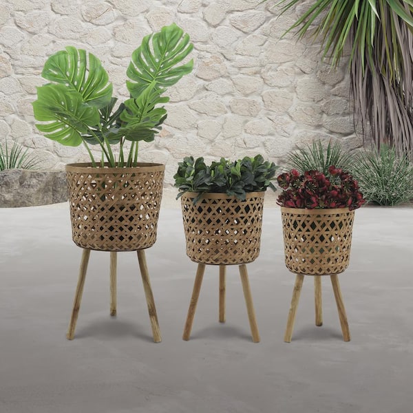 Set of 3 Bamboo Planters 19/23/26 in. for Garden, Patio, Entryway, Living Room, Plant Stand Outdoor Tall Plants, Natural