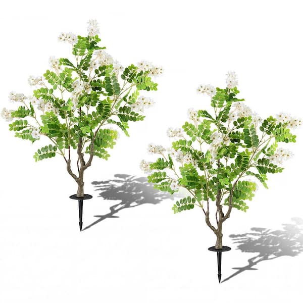 2 Pack 3.25 ft. Artificial Locust Flower Trees w/Ground Spikes Sophora Japonica Blossoms White and Green