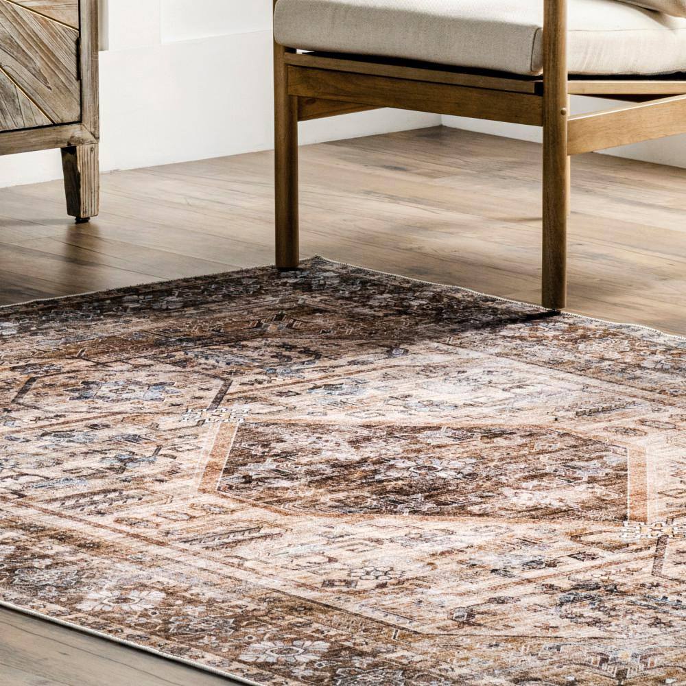 Devin Light Brown Synthetic Oriental Washable 5x8 Area Rug