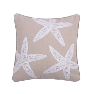Natural, White Starfish Embroidered Coastal 18 in x 18 in. Throw Pillow