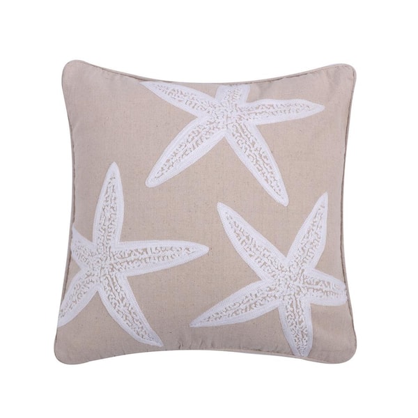 LEVTEX HOME Natural, White Starfish Embroidered Coastal 18 in x 18 in. Throw Pillow
