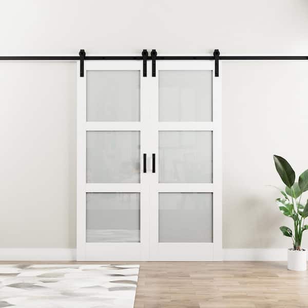60 in. x 84 in. 3 Lite Tempered Frosted Glass White Finished Composite MDF Sliding Barn Door Slab with Hardware Kit
