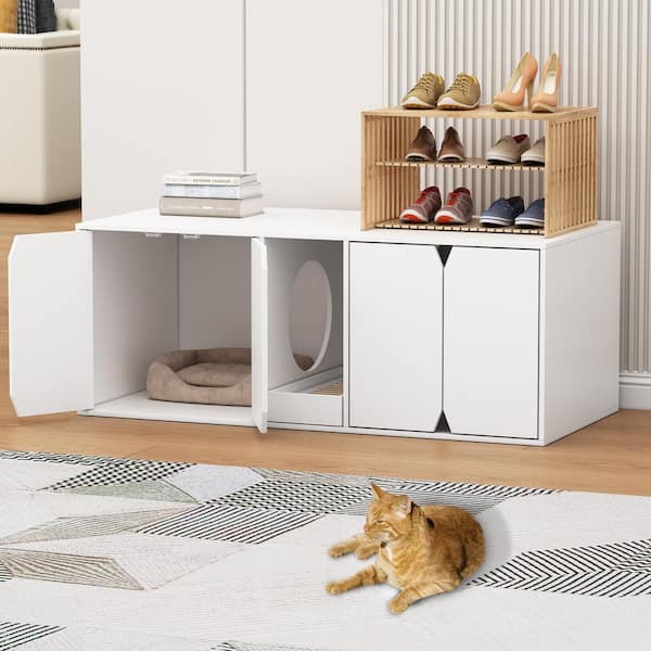 FUFU&GAGA Indoor Large Modern Wooden 4-Door Cat Washroom with Double Room, Cat Litter Box Enclosure Furniture for 2 Cats, White