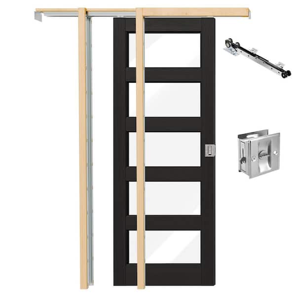 32 in. x 80 in. 5 Lite Clear Glass Black PVC Covering MDF Wood Pocket Door with Lock, Soft Close & Frame Kit, glass door